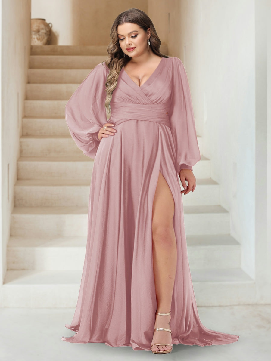 A-Line/Princess V-Neck Long Sleeves Floor Length Plus Size Bridesmaid Dresses with Split Side