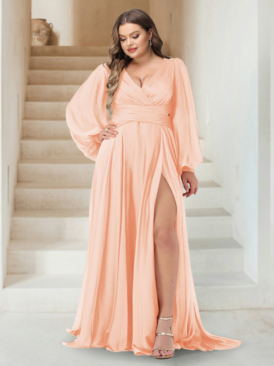 A-Line/Princess V-Neck Long Sleeves Floor Length Plus Size Bridesmaid Dresses with Split Side
