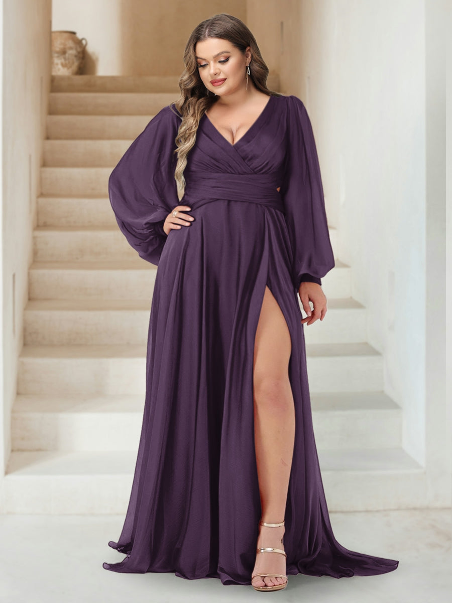 A-Line/Princess V-Neck Long Sleeves Floor Length Plus Size Bridesmaid Dresses with Split Side
