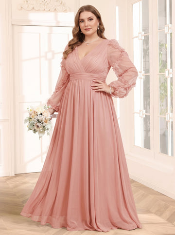 A-Line/Princess V-Neck Long Sleeves Chiffon Empire Plus Size Bridesmaid Dresses