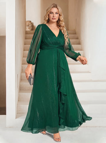 A-Line/Princess V-Neck Ankle-Length Long Sleeves Plus Size Bridesmaid Dresses