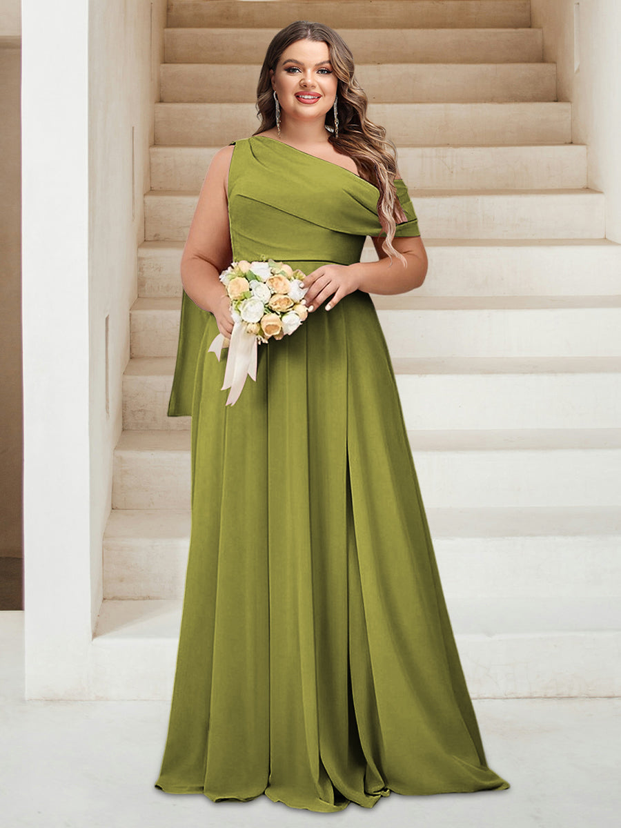 A-Line/Princess One-Shoulder Floor-Length Sleeveless Plus Size Bridesmaid Dresses