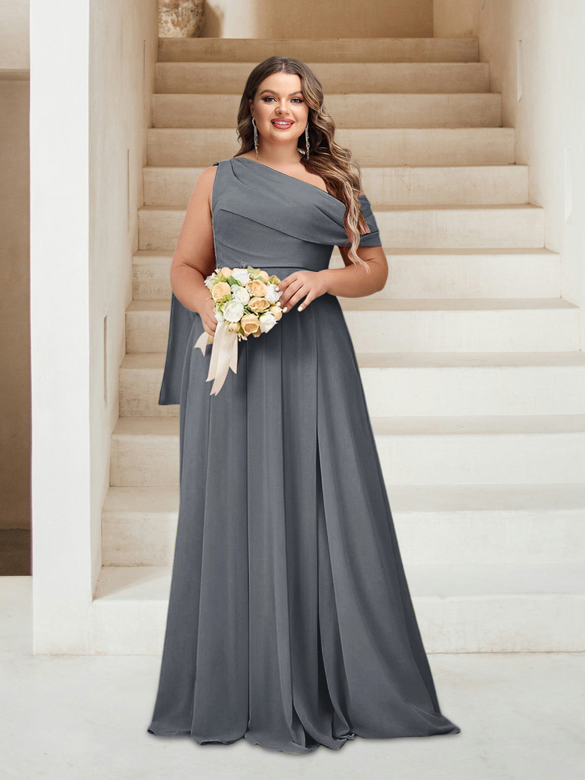 A-Line/Princess One-Shoulder Floor-Length Sleeveless Plus Size Bridesmaid Dresses