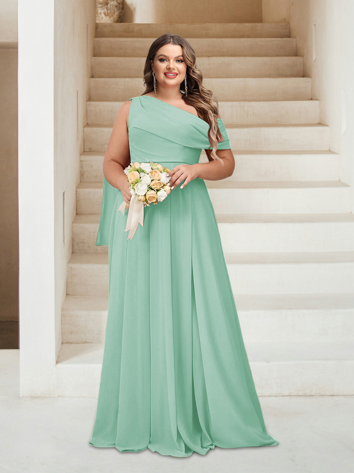 A-Line/Princess One-Shoulder Floor-Length Sleeveless Plus Size Bridesmaid Dresses