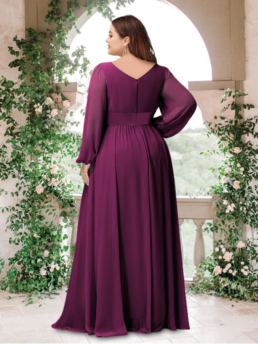 A-Line/Princess V-Neck Long Sleeves Chiffon Ruched Asymmetrical Plus Size Bridesmaid Dresses with Pockets