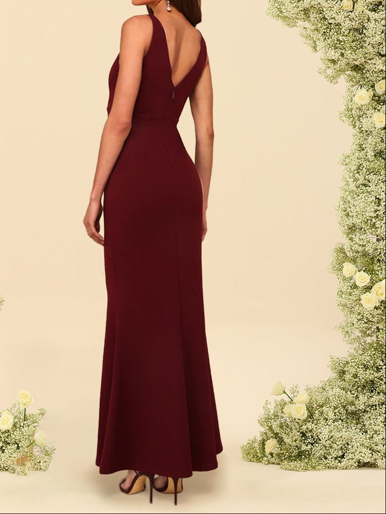 Trumpet/Mermaid V-Neck Sleeveless Long Bridesmaid Dresses With Hidden Back Zipper