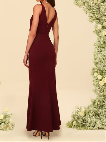 Trumpet/Mermaid V-Neck Sleeveless Long Bridesmaid Dresses With Hidden Back Zipper