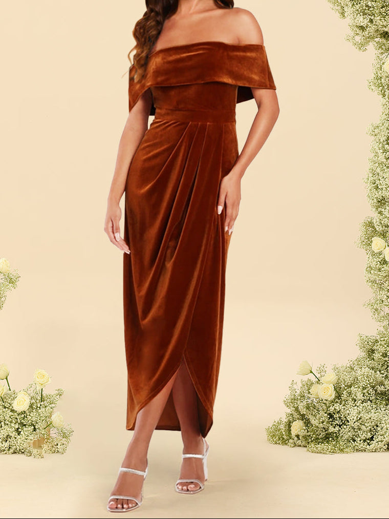 Sheath/Column Velvet Off-the-Shoulder Bridesmaid Dress With Split Side