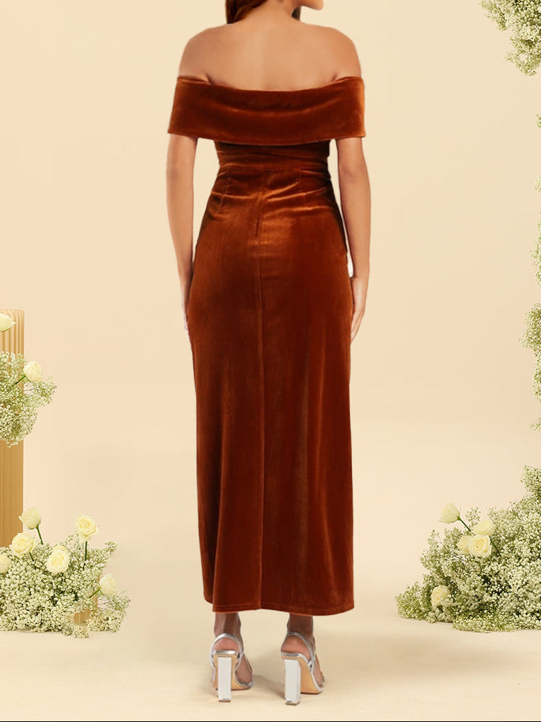 Sheath/Column Velvet Off-the-Shoulder Bridesmaid Dress With Split Side