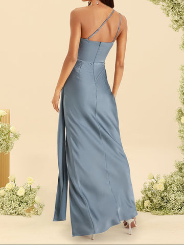 Sheath/Column Silk Satin One-Shoulder Floor-Length Bridesmaid Dresses With Split Side