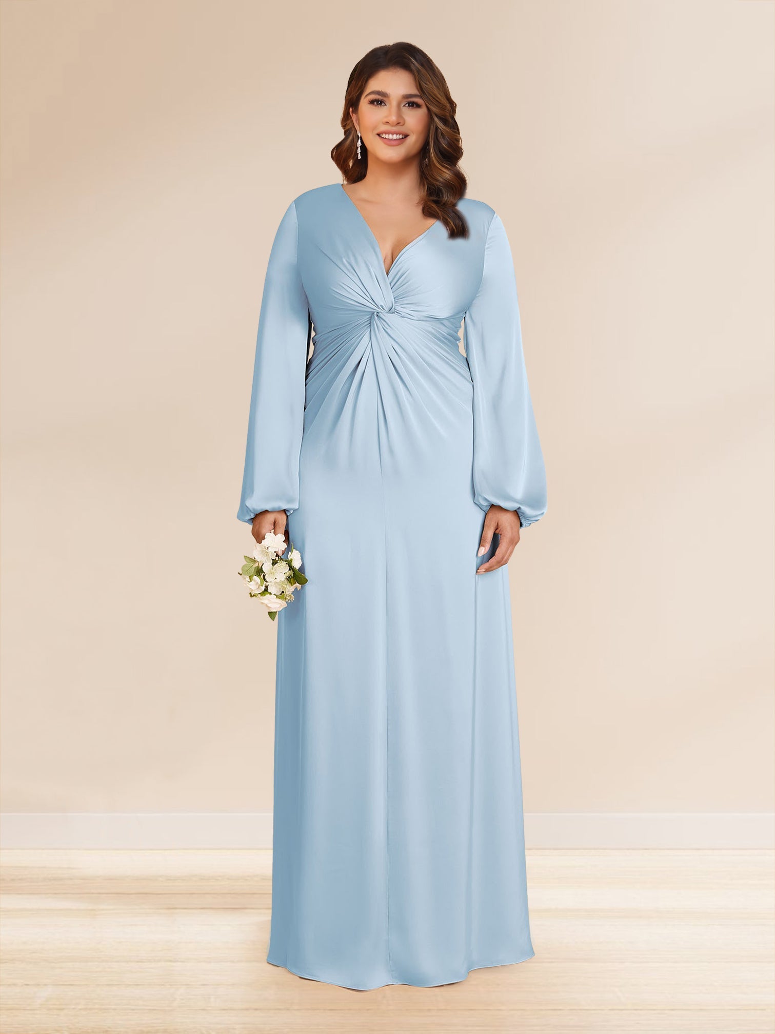 Sheath/Column V-Neck Long Sleeves Long Ruched Plus Size Bridesmaid Dresses