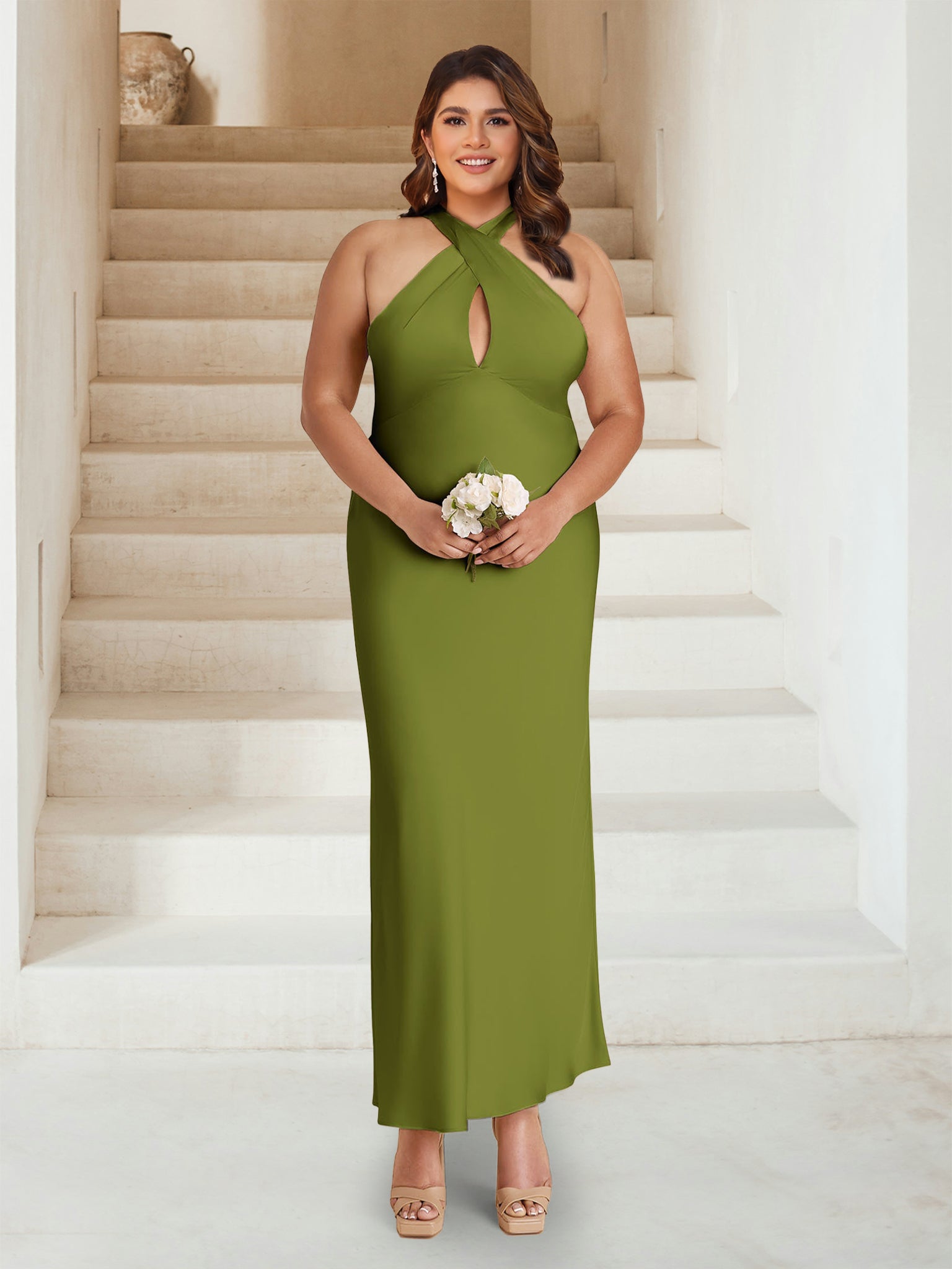 Sheath/Column Criss Cross Ruched Ankle-Length Plus Size Bridesmaid Dresses