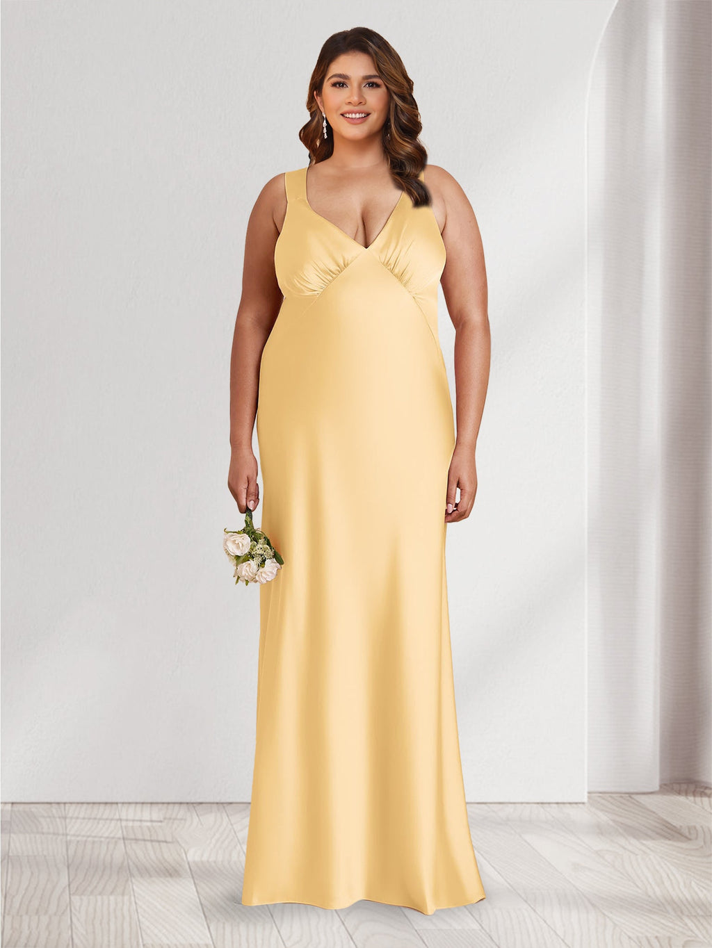 A-Line/Princess V-Neck Sleeveless Floor-Length Ruched Plus Size Bridesmaid Dresses