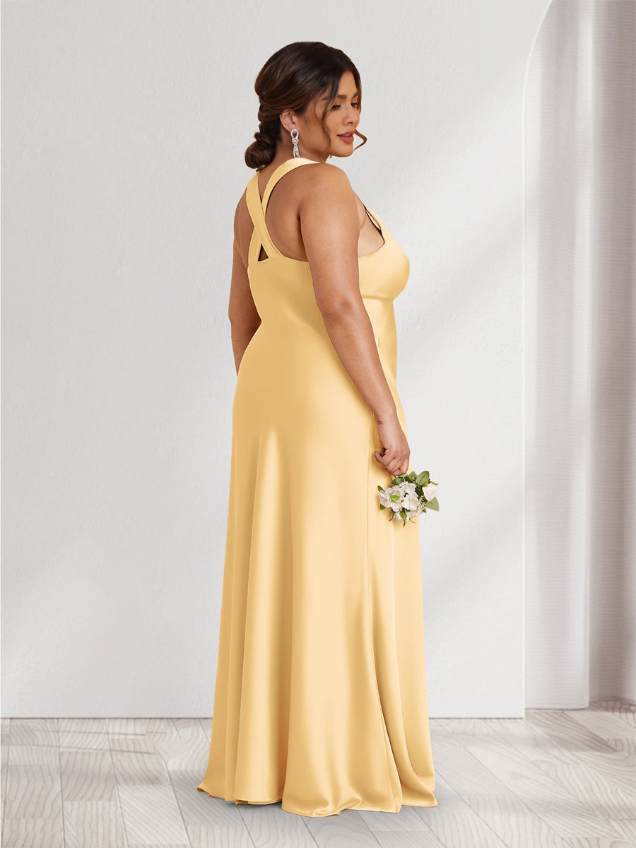 A-Line/Princess V-Neck Sleeveless Floor-Length Ruched Plus Size Bridesmaid Dresses