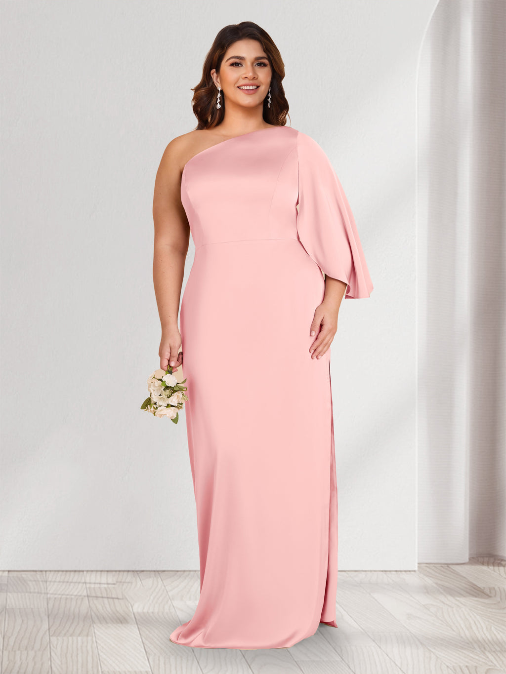 Sheath/Column One-Shoulder 3/4 Sleeves Plus Size Bridesmaid Dresses with Split Side