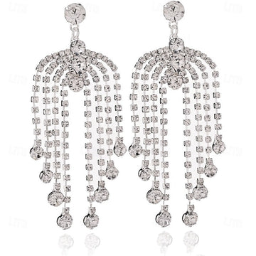 Women's Tassel Fringe Precious Fan Elegant Fashion Personalized Imitation Diamond Earrings Jewelry Silver For Wedding Party Work Daily
