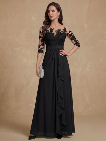 A-Line/Princess Jewel Neck 3/4 Sleeves Floor-Length Pleated Mother of the Bride Dresses with Ruffles & Appliques & Sash