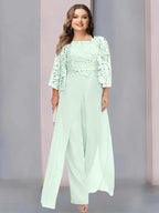 Chiffon Square Neck Floor-Length Plus Size Mother of the Bride Pantsuits with Jacket & Split Side