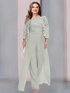 Chiffon Square Neck Floor-Length Plus Size Mother of the Bride Pantsuits with Jacket & Split Side