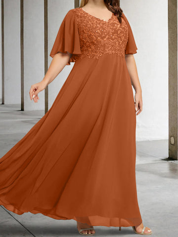 A-Line/Princess V-Neck Half Sleeves Floor-Length Mother of the Bride Dresses with Applique