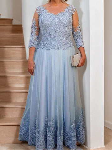 A-Line/Princess Sheer Neck 3/4 Length Sleeves Floor-Length Mother of the Bride Dresses with Applique