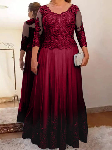 A-Line/Princess Sheer Neck 3/4 Length Sleeves Floor-Length Mother of the Bride Dresses with Applique