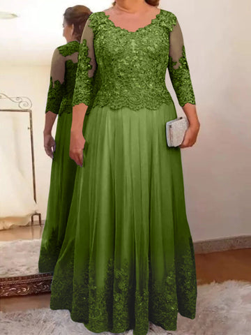 A-Line/Princess Sheer Neck 3/4 Length Sleeves Floor-Length Mother of the Bride Dresses with Applique