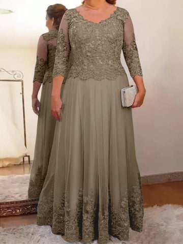 A-Line/Princess Sheer Neck 3/4 Length Sleeves Floor-Length Mother of the Bride Dresses with Applique
