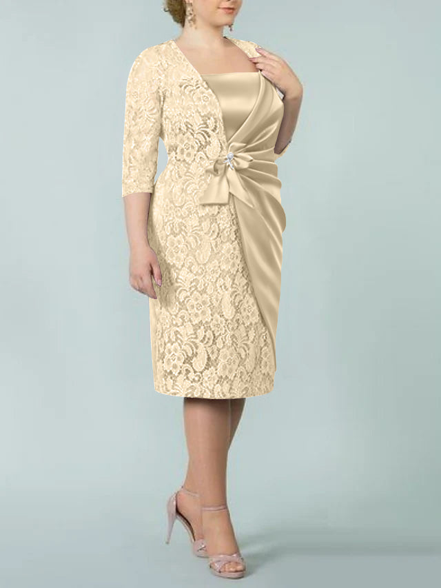 Sheath/Column Square Neck Tea-Length Mother of the Bride Dresses