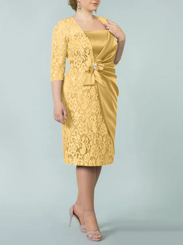 Sheath/Column Square Neck Tea-Length Mother of the Bride Dresses