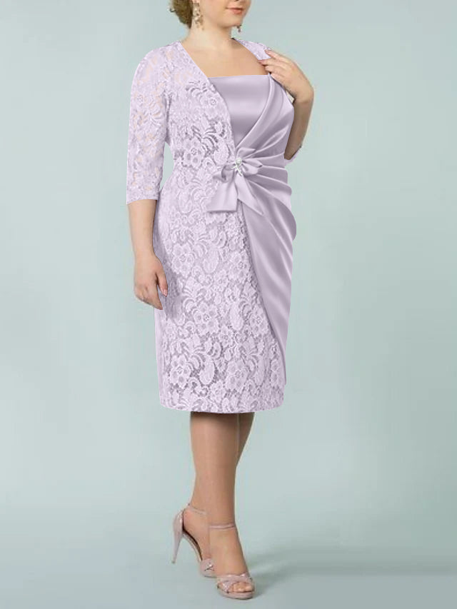 Sheath/Column Square Neck Tea-Length Mother of the Bride Dresses