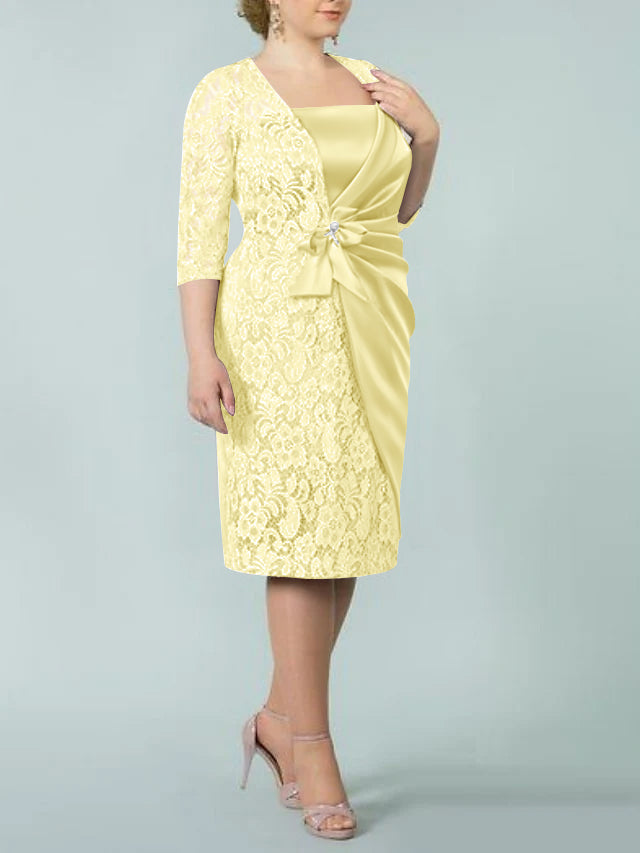 Sheath/Column Square Neck Tea-Length Mother of the Bride Dresses