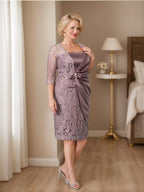 Sheath/Column Square Neck Tea-Length Mother of the Bride Dresses