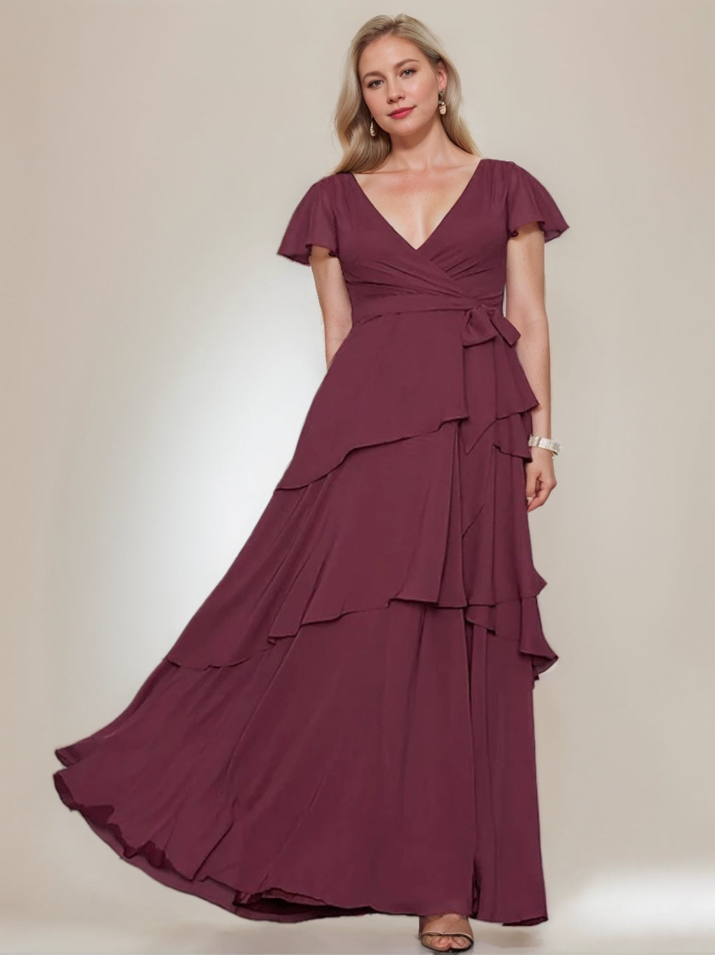 A-Line/Princess V-Neck Short Sleeves Floor-Length Plus Size Mother of the Bride Dresses with Ruffles