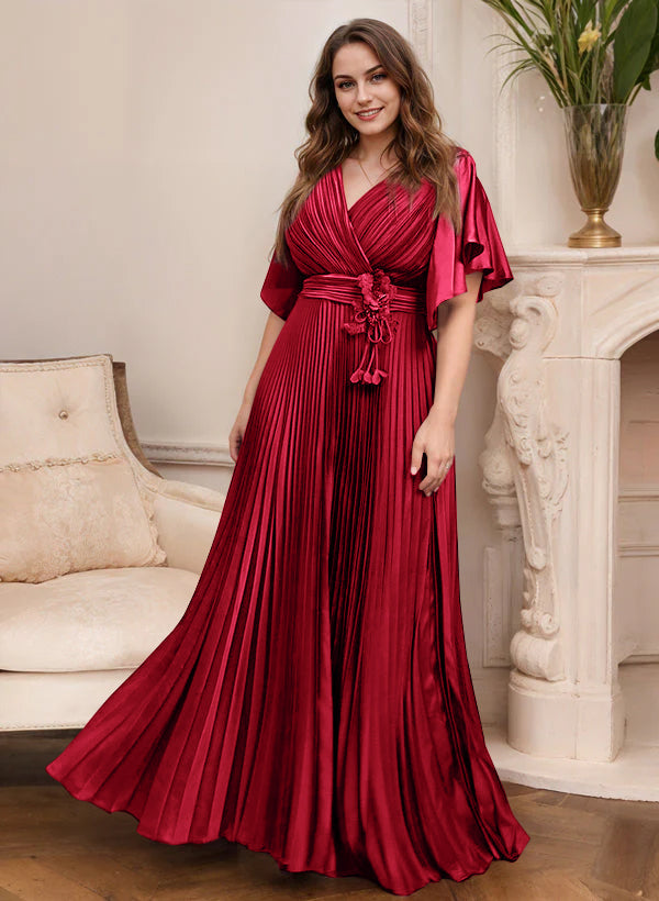 A-Line/Princess V-Neck Short Sleeves Mother of the Bride Dresses with Belt