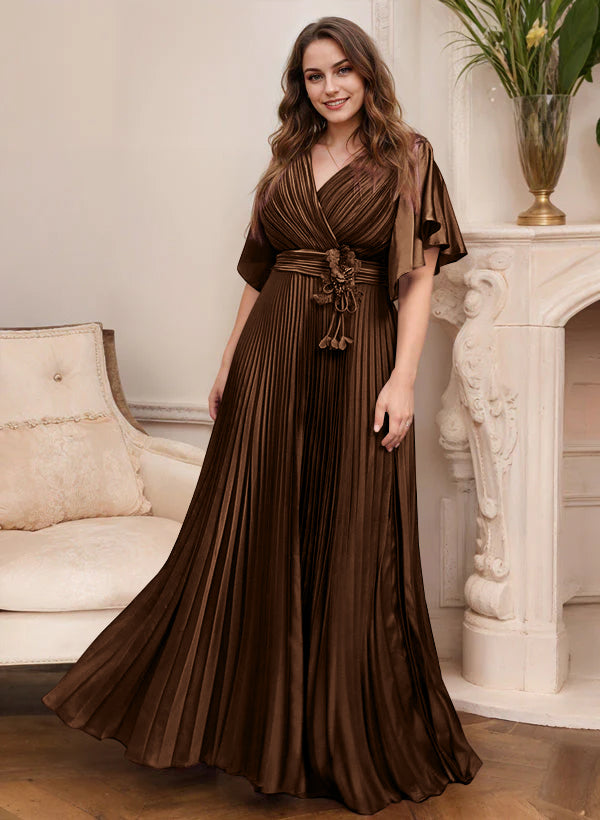 A-Line/Princess V-Neck Short Sleeves Mother of the Bride Dresses with Belt
