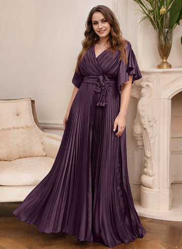 A-Line/Princess V-Neck Short Sleeves Mother of the Bride Dresses with Belt