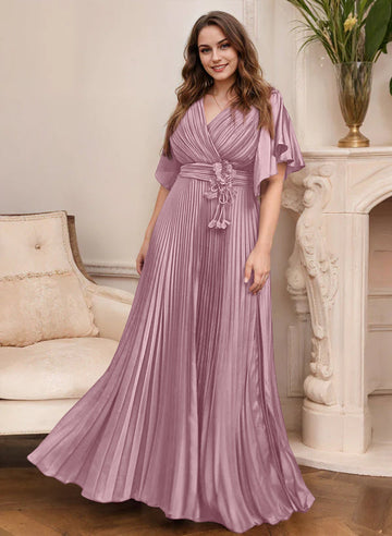 A-Line/Princess V-Neck Short Sleeves Mother of the Bride Dresses with Belt