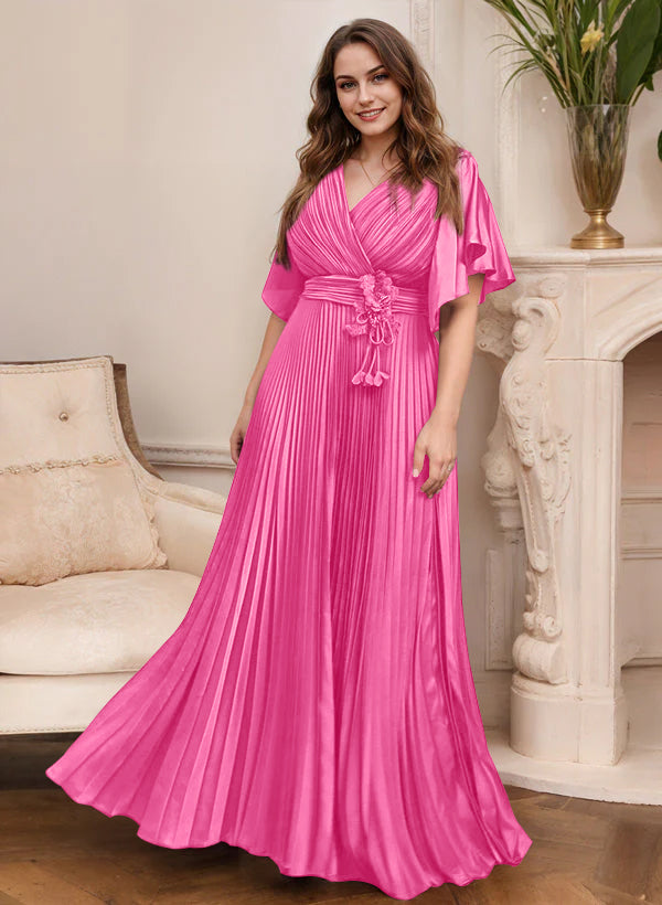 A-Line/Princess V-Neck Short Sleeves Mother of the Bride Dresses with Belt