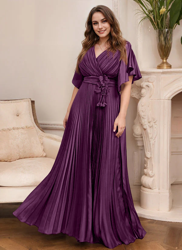 A-Line/Princess V-Neck Short Sleeves Mother of the Bride Dresses with Belt
