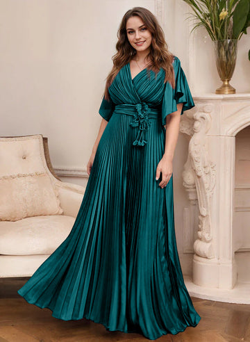 A-Line/Princess V-Neck Short Sleeves Mother of the Bride Dresses with Belt