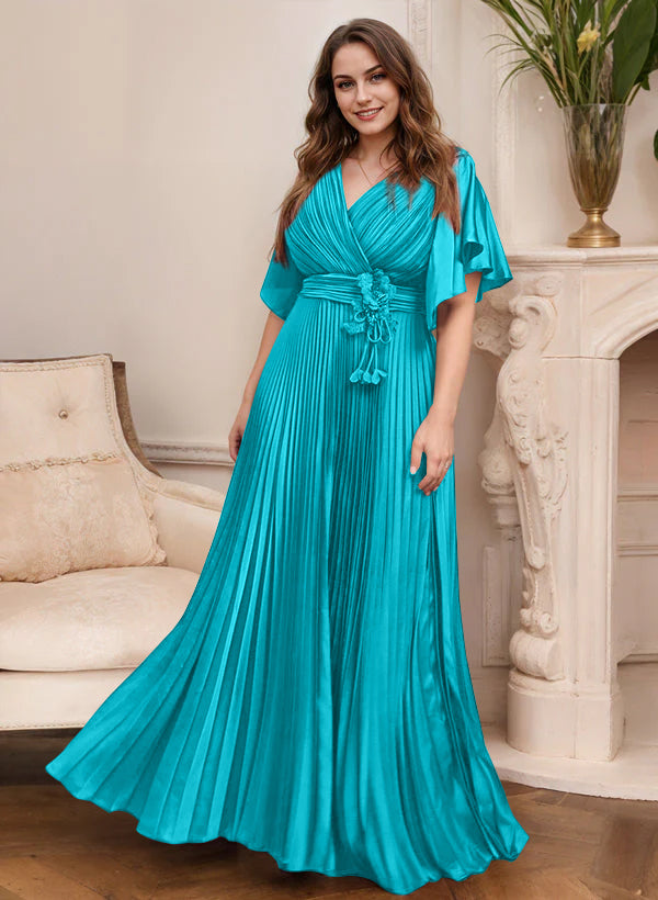 A-Line/Princess V-Neck Short Sleeves Mother of the Bride Dresses with Belt