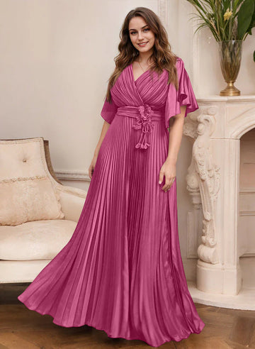 A-Line/Princess V-Neck Short Sleeves Mother of the Bride Dresses with Belt