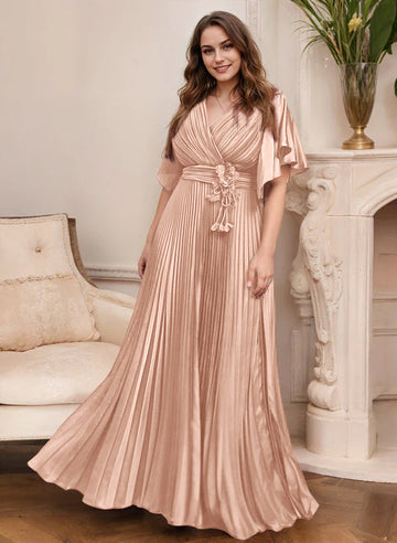 A-Line/Princess V-Neck Short Sleeves Mother of the Bride Dresses with Belt