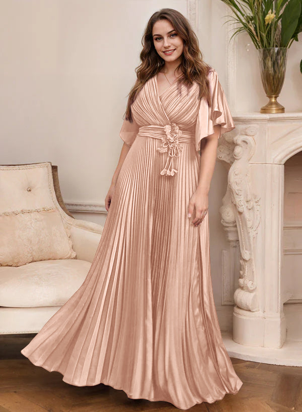 A-Line/Princess V-Neck Short Sleeves Mother of the Bride Dresses with Belt