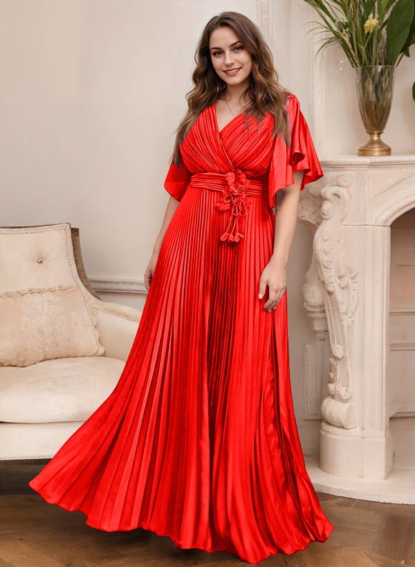 A-Line/Princess V-Neck Short Sleeves Mother of the Bride Dresses with Belt