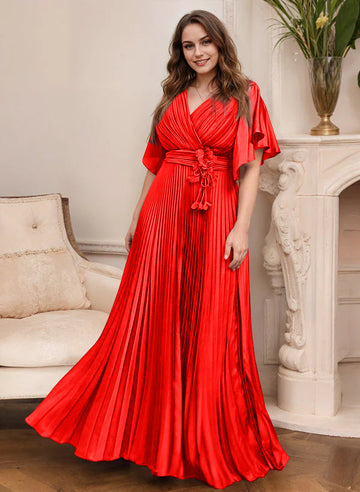 A-Line/Princess V-Neck Short Sleeves Mother of the Bride Dresses with Belt