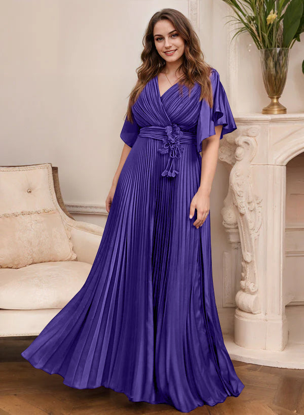 A-Line/Princess V-Neck Short Sleeves Mother of the Bride Dresses with Belt