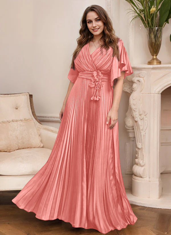 A-Line/Princess V-Neck Short Sleeves Mother of the Bride Dresses with Belt