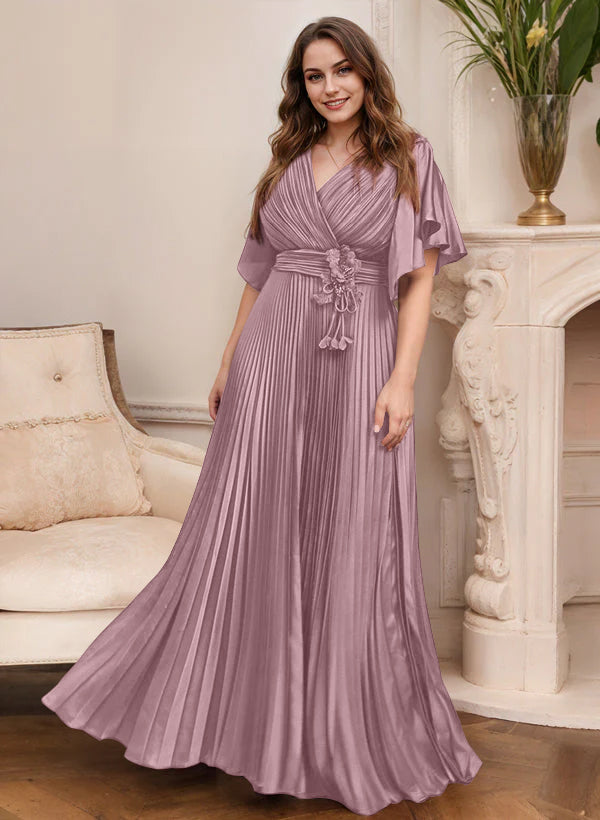 A-Line/Princess V-Neck Short Sleeves Mother of the Bride Dresses with Belt